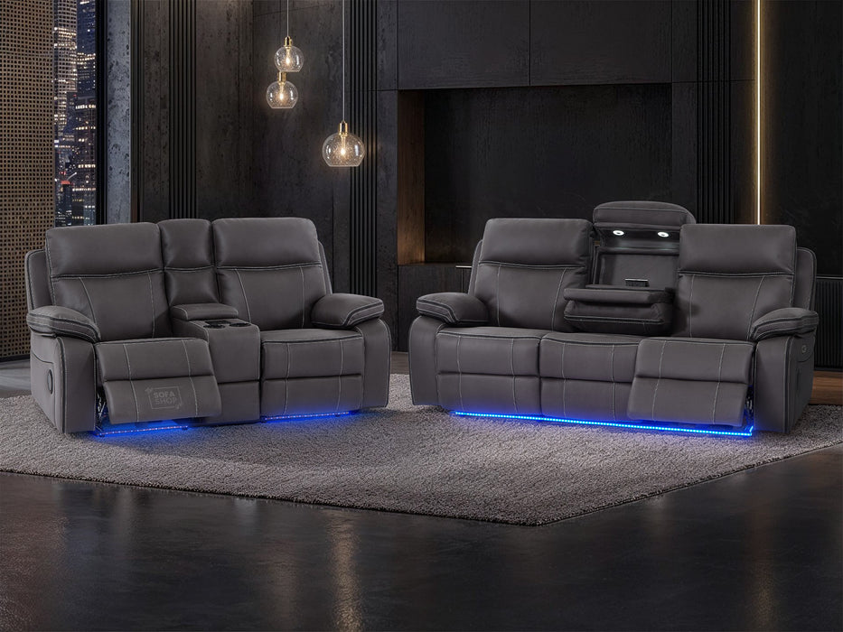 3 2 Electric Recliner Sofa Set. 2 Piece Cinema Sofa Package Suite In Resilience Grey Fabric With Speakers, Power Headrest & Wireless Charger - Vinsonova