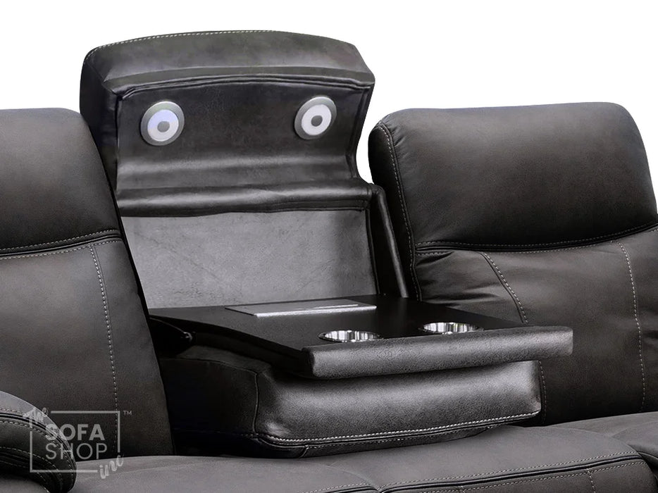 Vinson 3 Seater Recliner Cinema Sofa In Grey Resilience Fabric With Power Headrests, Drop Down Table & USB Ports