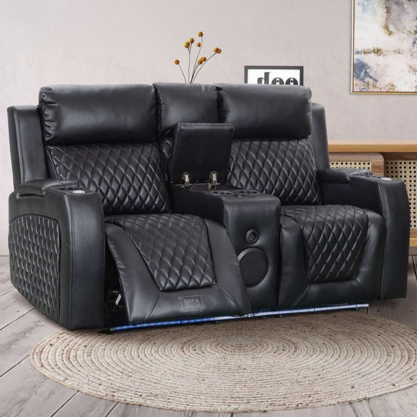 2 Seater Electric Recliner Sofa & Cinema Seats in Black Leather | Smart Cinema Sofa With Power, Massage, Console & Speakers | Venice Series One | Sofa Sale