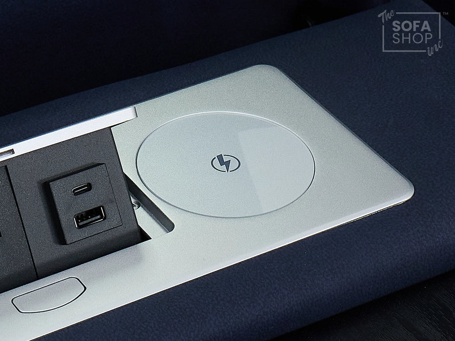 3+1 Electric Recliner Sofa Suite in Blue Resillience Fabric | Hi-Tech Cinema Set with Massage, Drop-Down Table, Power Headrest, Power Recliner, Storage Drawer, USB & Wireless Charging | Sicily