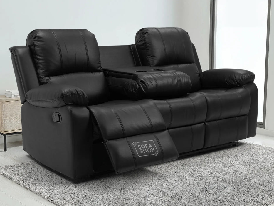 3 Seater Recliner Sofa in Black Leather with Drop-Down Table & Cup Holders | Easy to Clean & Comfortable | Trento