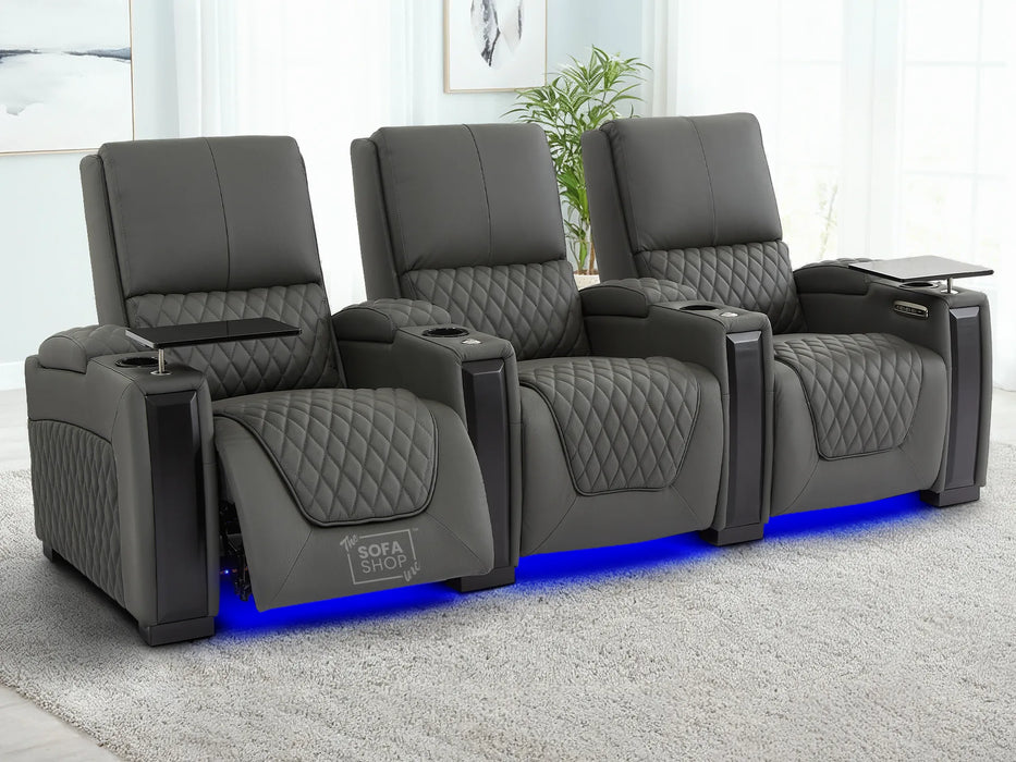 3 Seat Real Leather Electric Recliner Home Cinema Theatre Sofa In Grey with Chilled Cupholder + USB C to Stay Charged + Fully Reclining Seats & Lumbar Support | Assisi