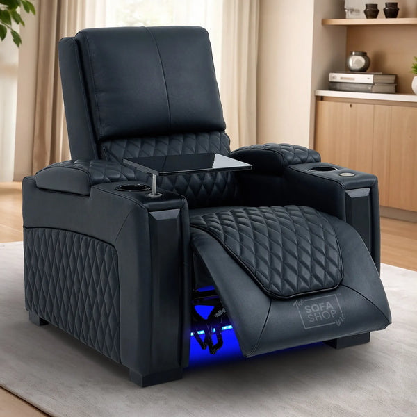 1 Seat Real Leather Electric Recliner Home Cinema Chair in Black Wth Massage + Cup Holders + Power Recline + Storage Compartments | Assisi