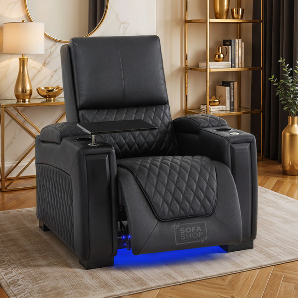 1 Seat Real Leather Electric Recliner Chair in Black With Massage + Cup Holders + Storage Compartments | Sofa Sale | Assisi Series One