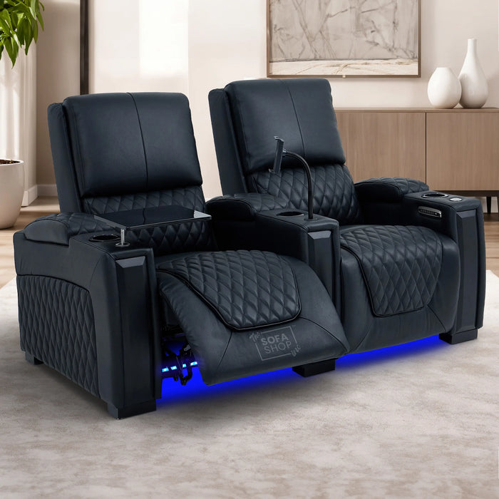 2 Seater Cinema Sofa in Black Real Leather | Luxury Theatre & Home Cinema Seating | Electric Recliner With Cooling Cup Holders + Lumbar Support | USB Charging + LED Lights | Assisi