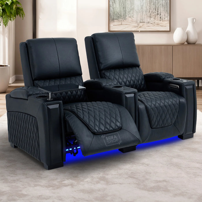 Real Leather 2 Piece Home Theatre Sofa Set in Black  | 3+2 Recliner Cinema Sofa Package with Power Lumbar, Cooling Cupholders, Tray Tables & USB+C | Assisi | The Sofa Shop