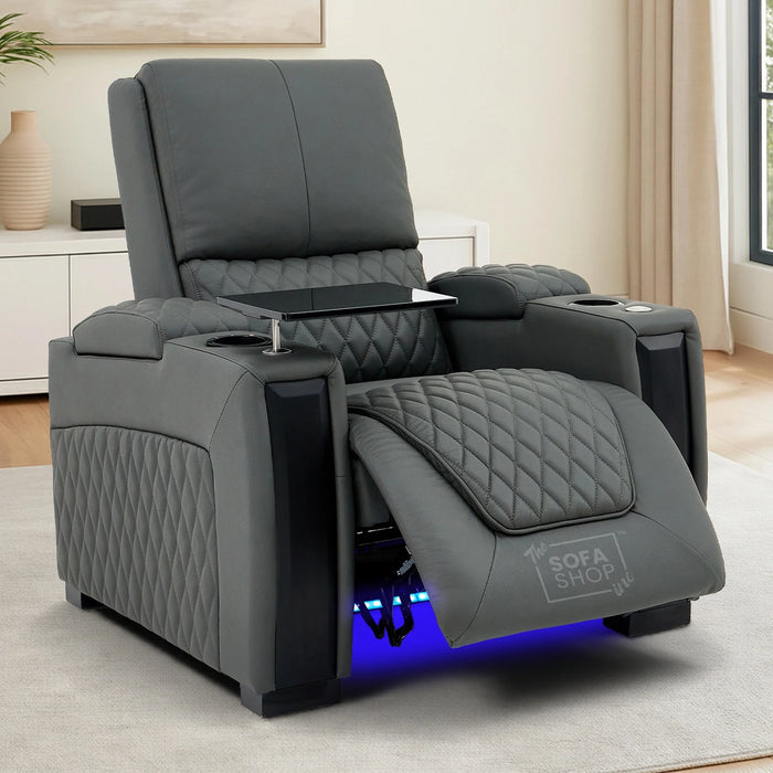 Real Leather 3+1 Home Theatre Sofa Suite In Grey | 2 Piece Reclining Cinema Sofa Package With Massage, Low Heated Lumbar, Power Lumbar, LED & Cooling Cup Holders | Assisi