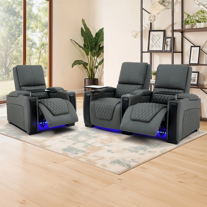2+1 Real Leather Sofa Set in Grey | Electric Hi-Tech Cinema Suite with Massage, Low Lumbar Heating, USB, Power Lumbar Support & Headrests, Cooling Cup Holders | Assisi
