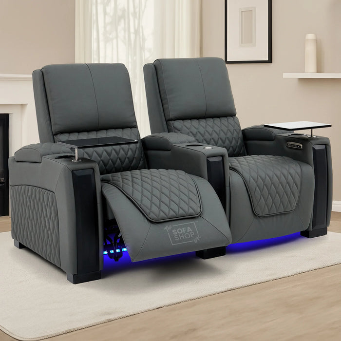 2 Seat Real Leather Electric Recliner Home Cinema Theatre Sofa In Grey With Multi-Position Reclining + LED Cup Holders & Lumbar Support | Assisi