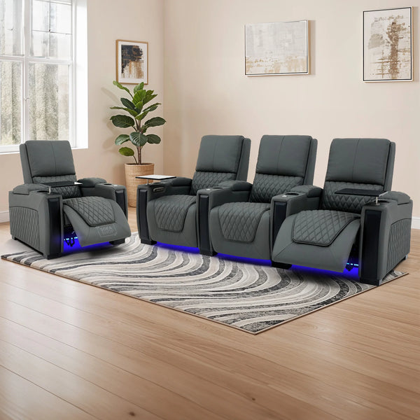 Real Leather 3+1 Home Theatre Sofa Suite In Grey | 2 Piece Reclining Cinema Sofa Package With Massage, Low Heated Lumbar, Power Lumbar, LED & Cooling Cup Holders | Assisi