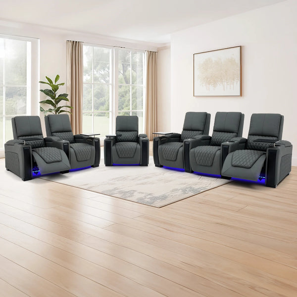 Real Leather 3+2+1 Electric Home Cinema Theatre Sofa Set In Grey | LED Lights, Massage Chair, Mild Heating, Cooling Cup Holders & Lumbar Support | Assisi