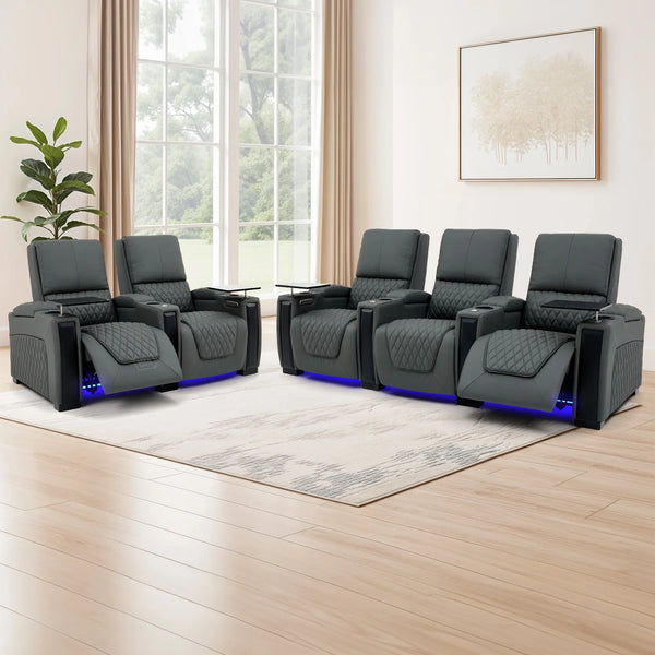 Real Leather 3+2 Electric Recliner Sofa In Grey, 2 Piece Home Cinema Sofa Set With Power Lumbar Support + LED Cup Holders + USBc Charging | Assisi