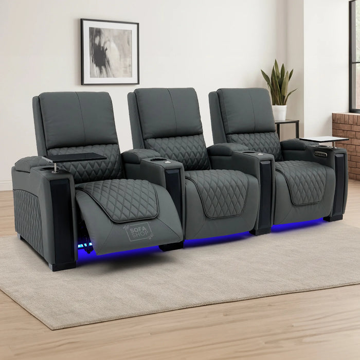 Real Leather 3+1 Home Theatre Sofa Suite In Grey | 2 Piece Reclining Cinema Sofa Package With Massage, Low Heated Lumbar, Power Lumbar, LED & Cooling Cup Holders | Assisi