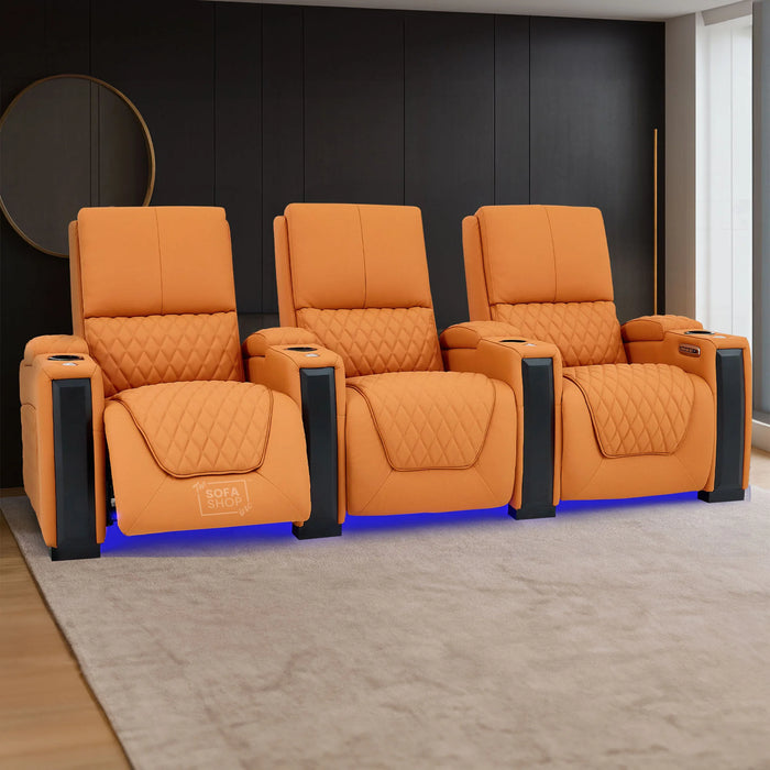 3 Seater Cinema Sofa in Orange Real Leather | Luxury Theatre & Home Cinema Seating | Electric Recliner With USB Charging + Cupholders & Power Headrests | LED Lighting & Hidden Storage | Assisi