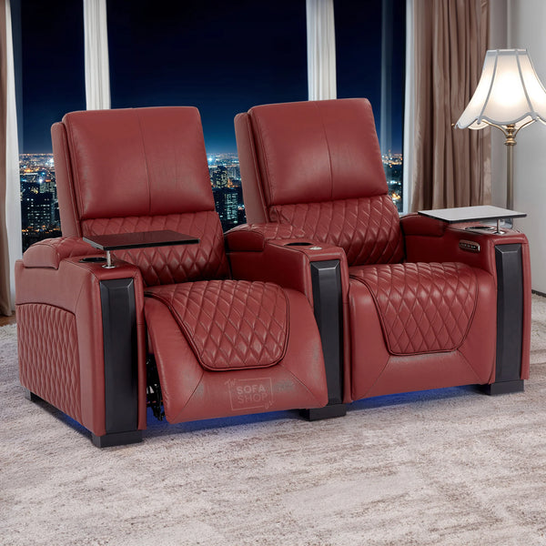2 Seat Real Leather Electric Recliner Home Cinema Theatre Sofa in Red With Power Recliner + Storage Boxes + Table | Assisi