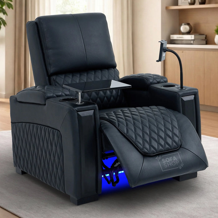 Real Leather 3+2+1 Cinema Sofa Package In Black | 3-Piece Recliner Sofa Suite With Power Lumbar, Massage, Heat, Cooling Cupholders, Tray Tables & USB-C | Assisi | The Sofa Shop