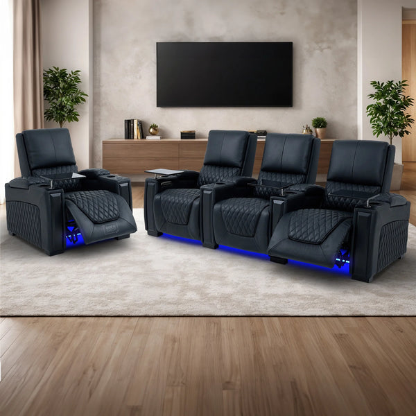 Real Leather 3+1 Seater Electric Recliner Sofa Set | 2-Piece Cinema Suite in Black with Chilled Cupholders & Power Headrests | Assisi | The Sofa Shop