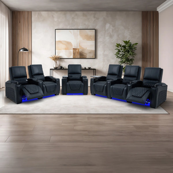 Real Leather 3+2+1 Cinema Sofa Package In Black | 3-Piece Recliner Sofa Suite With Power Lumbar, Massage, Heat, Cooling Cupholders, Tray Tables & USB-C | Assisi | The Sofa Shop