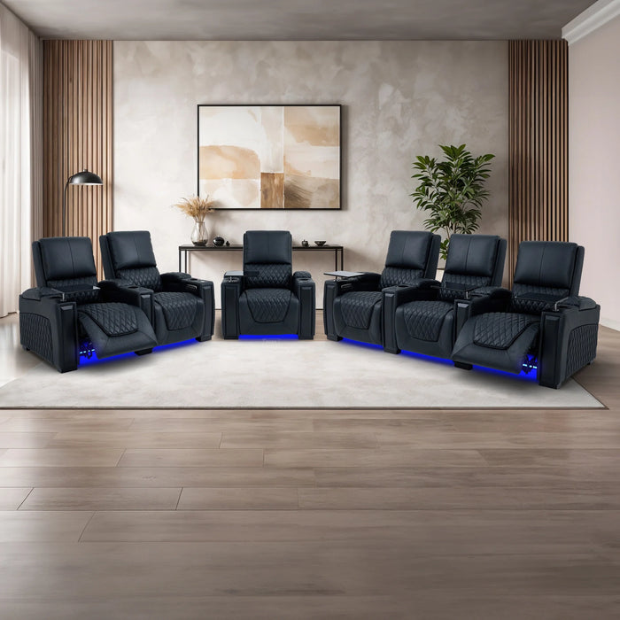 Real Leather 3+2+1 Cinema Sofa Package In Black | 3-Piece Recliner Sofa Suite With Power Lumbar, Massage, Heat, Cooling Cupholders, Tray Tables & USB-C | Assisi | The Sofa Shop