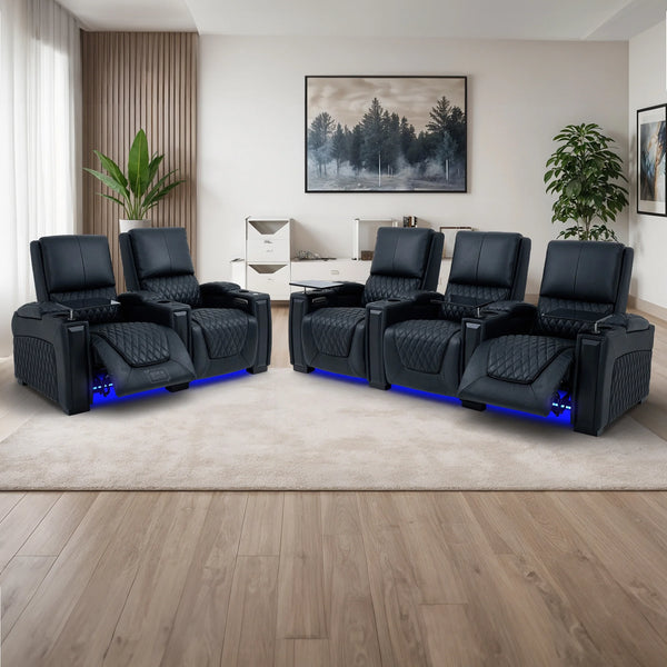 Real Leather 2 Piece Home Theatre Sofa Set in Black  | 3+2 Recliner Cinema Sofa Package with Power Lumbar, Cooling Cupholders, Tray Tables & USB+C | Assisi | The Sofa Shop