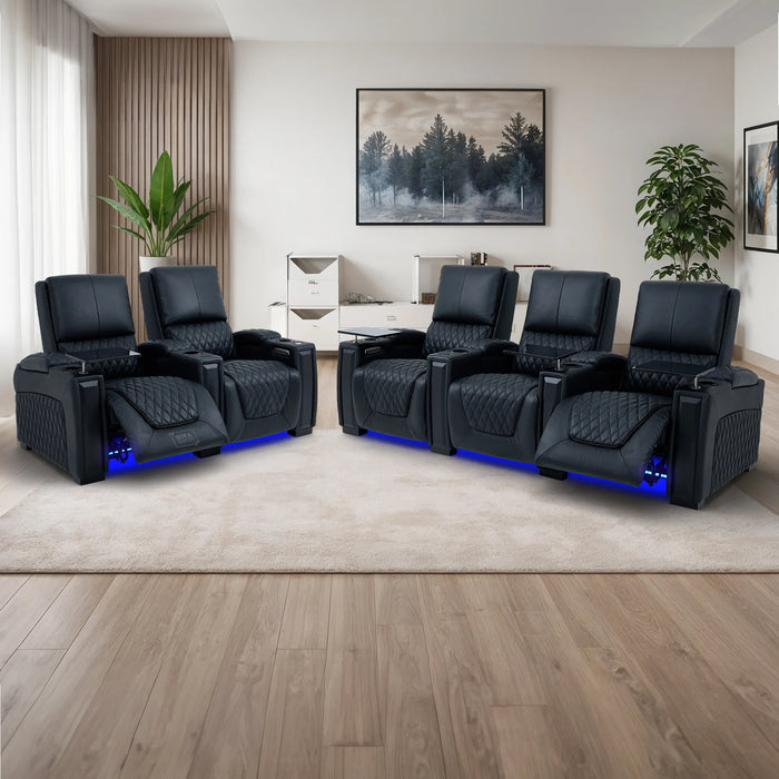 Real Leather 2 Piece Home Theatre Sofa Set in Black  | 3+2 Recliner Cinema Sofa Package with Power Lumbar, Cooling Cupholders, Tray Tables & USB+C | Assisi | The Sofa Shop