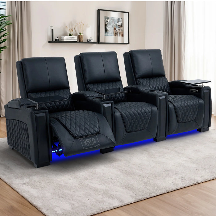 Real Leather 3+2+1 Cinema Sofa Package In Black | 3-Piece Recliner Sofa Suite With Power Lumbar, Massage, Heat, Cooling Cupholders, Tray Tables & USB-C | Assisi | The Sofa Shop