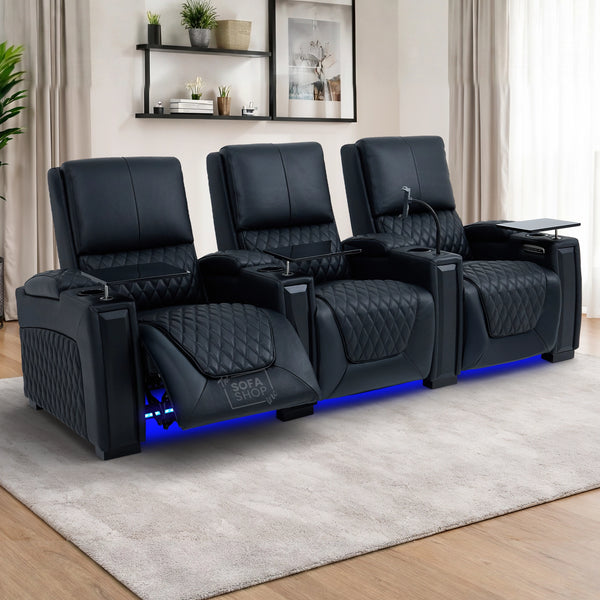 3 Seater Cinema Sofa in Black Real Leather | Luxury Theatre & Home Cinema Seating | Electric Recliner With USB Charging + Cupholders & Power Headrests | LED Lighting & Hidden Storage | Assisi