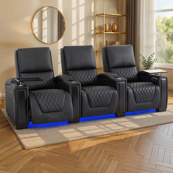 3 Seater Black Real Leather Electric Recliner Cinema Sofa | Luxury Theatre & Home Cinema Seating | Power Lumbar, Power Headrest, Cooling Cup Holders, Tray Tables & USB-C | Assisi | The Sofa Shop