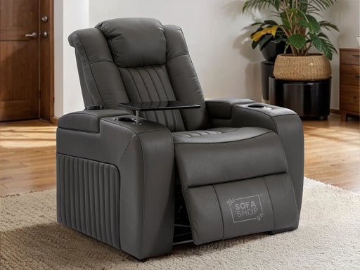 Electric Recliner Chair & Cinema Seat in Grey Real Leather + Massage + Cup Holders + Table - Capri