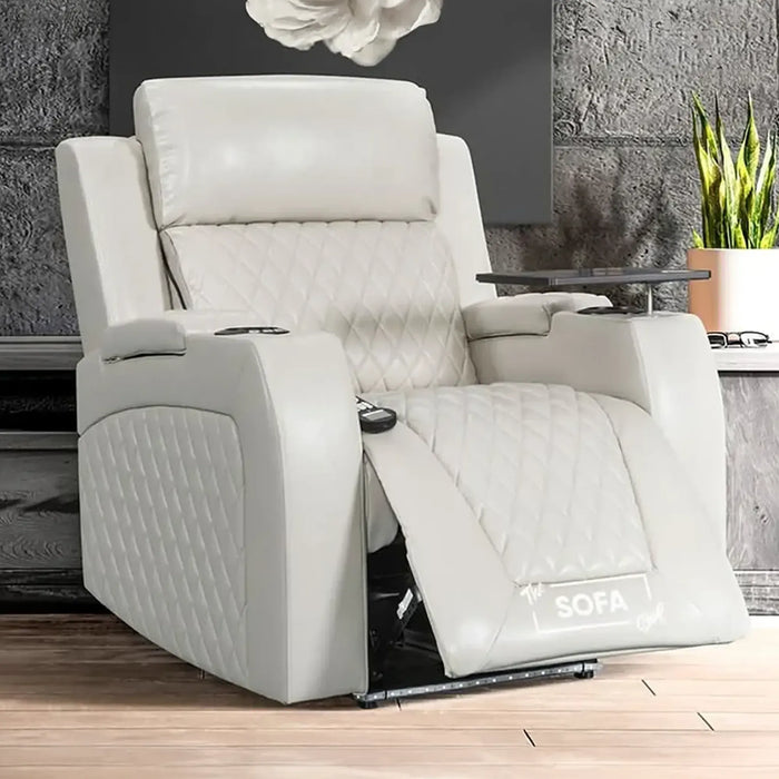 Electric Recliner Chair in Beige Leather | Cinema Seat with USB, Massage, and Chilled Cup Holders | Venice Series One | Sofa Sale