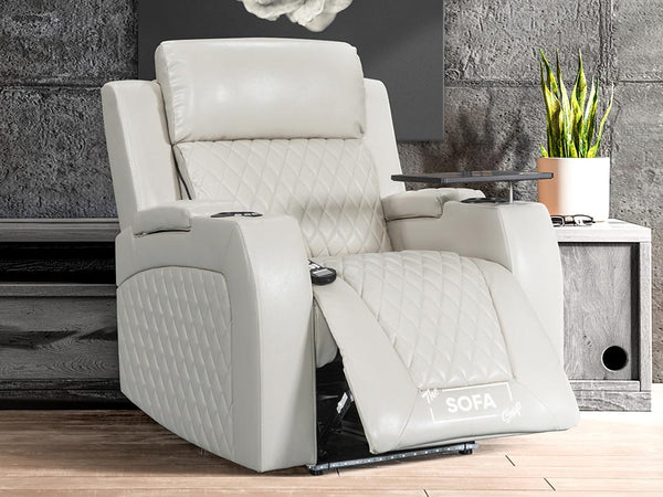 Electric Recliner Chair & Cinema Seat in Light Beige Leather | USB, Massage, and Chilled Cup Holders | Venice Series One | Sofa Sale