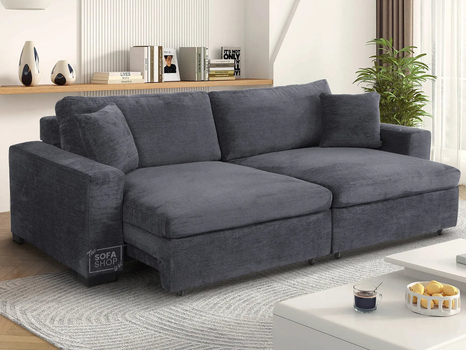 Extendable Electric Sofa - Bed in Grey Chenille Fabric | 3 Seater Hi-Tech Sliding Couch Perfect for Home Theatre Seating | USBc Charging Ports | Palma