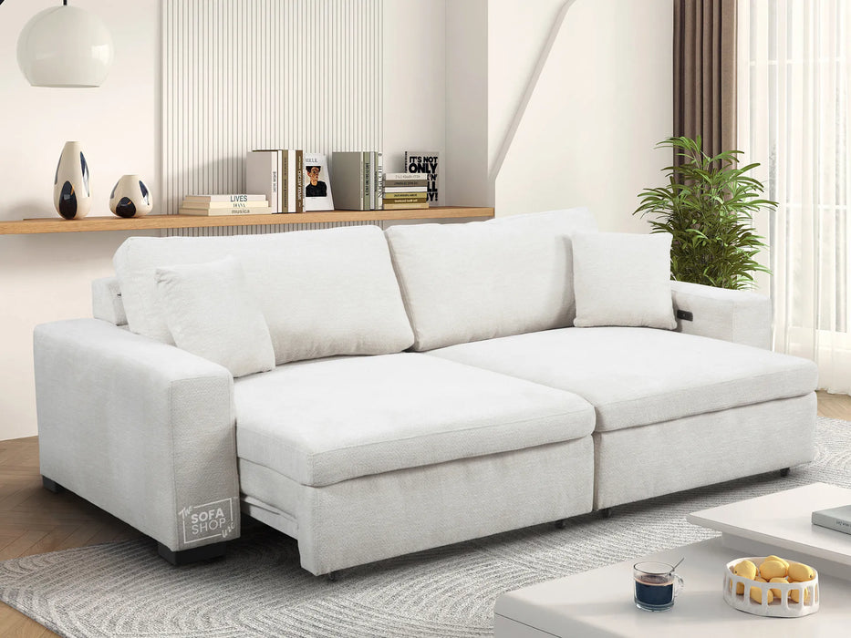 Extendable Electric Sofa - Bed in Cream Chenille Fabric | 3 Seater Power Sliding Couch Perfect for Home Cinema & Movie Nights  | USBc Charging Ports | Palma