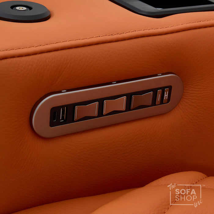 3 Seater Real Leather Electric Recliner Cinema Sofa in Orange | Hi-Tech Couch With Power Lumbar, Wireless Charging, USB+C, Cooling & Heating Cupholders | Assisi | The Sofa Shop