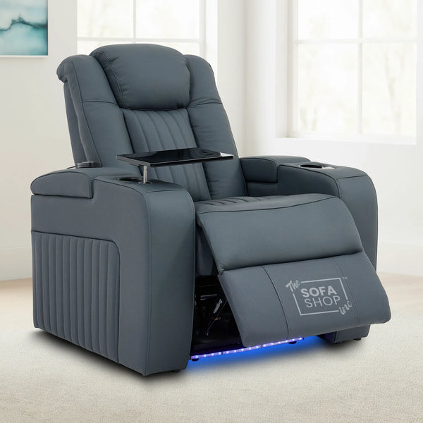 Real Leather Recliner Chair In Blue with Power Headrest, Power Recline, Massage, Heating, USB Charging, LED Cup Holder & Tray Table | Capri