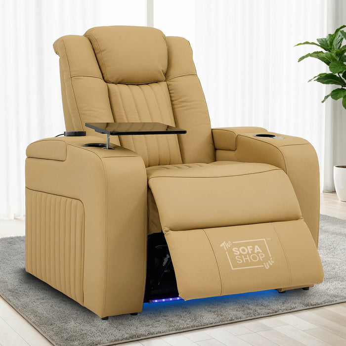 1 Seater Tan Real Leather Electric Recliner Cinema Chair | 8-Point Massage, Power Headrest, Detachable Food Tray Table & LED Cup Holder | Capri | The Sofa Shop