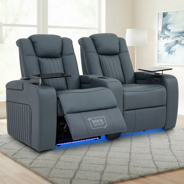 2 Seater Real Leather Recliner Sofa In Blue with Console, Massage, Heating, Adjustable Headrest, LED Cup Holders & USB Ports | Capri