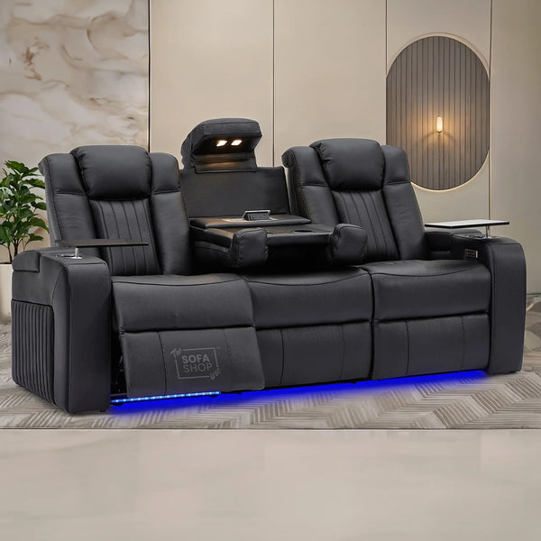 3 Seater Black Leather Hi-Tech Cinema Sofa | Massage, Wireless Charging & Fold-Down Table | Capri | The Sofa Shop