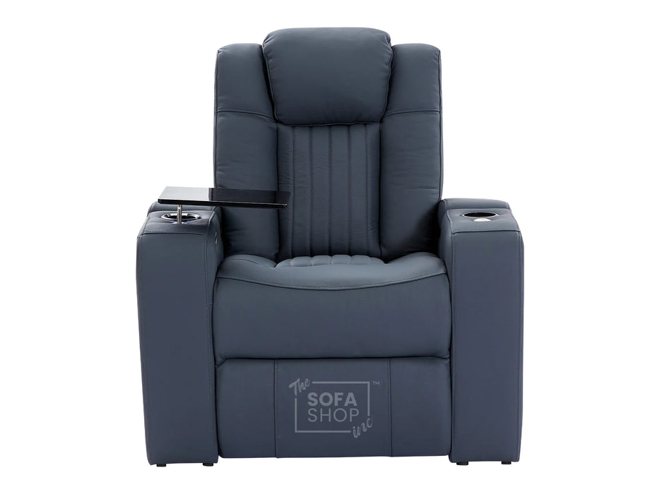 Electric Recliner Chair & Cinema Seat in Blue Real Leather + Massage + Cup Holders + Table - Capri