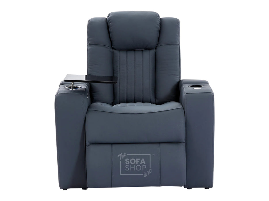 Electric Recliner Chair & Cinema Seat in Blue Real Leather + Massage + Cup Holders + Table - Capri