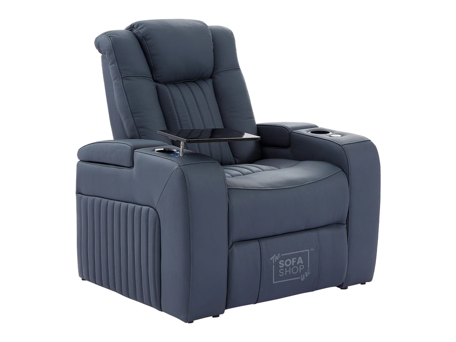 Electric Recliner Chair & Cinema Seat in Blue Real Leather + Massage + Cup Holders + Table - Capri