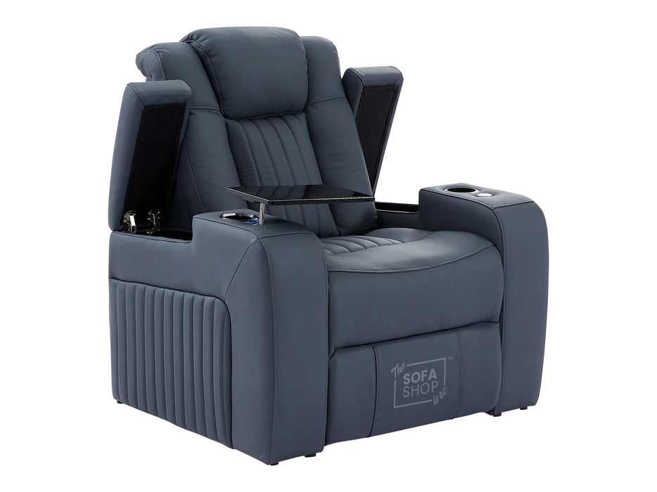 Electric Recliner Chair & Cinema Seat in Blue Real Leather + Massage + Cup Holders + Table - Capri