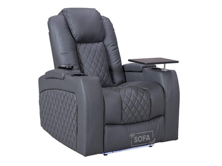 Electric Recliner Chair & Cinema Seat in Grey Leather With USB, Drinks Holder, Table & Lights - Pavia