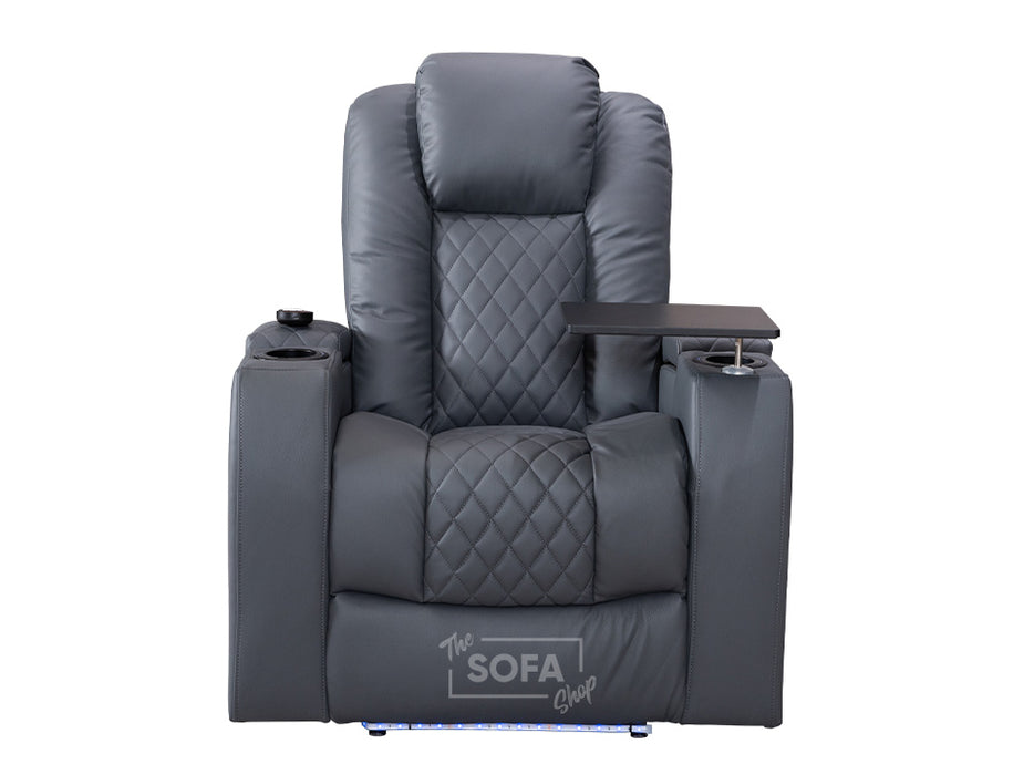 Electric Recliner Chair & Cinema Seat in Grey Leather With USB, Drinks Holder, Table & Lights - Pavia