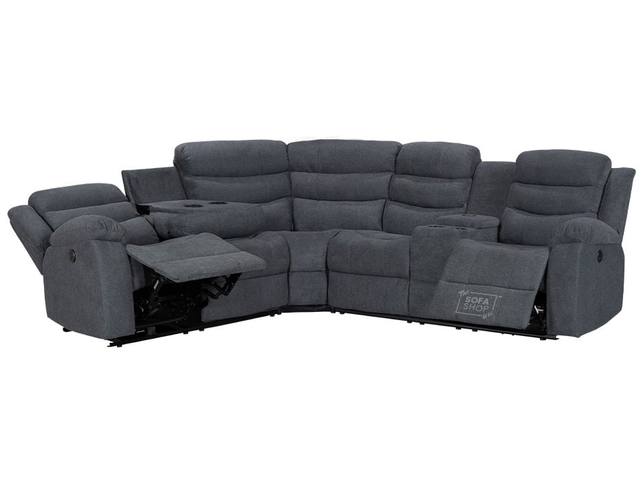 Electric Recliner Corner Sofa and Chair in Dark Grey Fabric with Console, Wireless Chargers & Cup Holders - Chelsea