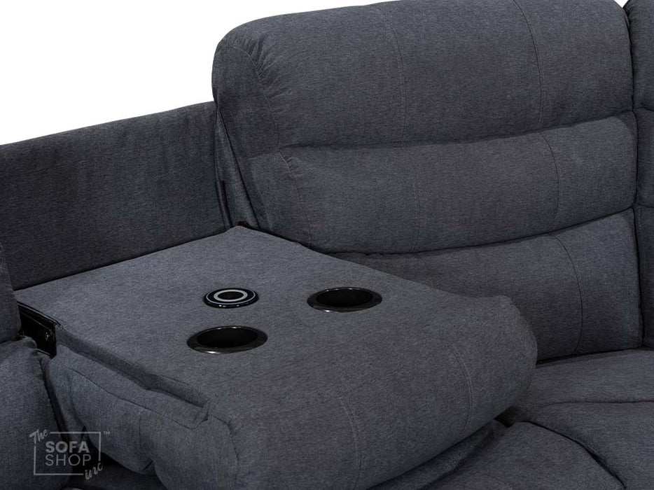 Electric Recliner Corner Sofa in Dark Grey Fabric with Console, Wireless Chargers & Cup Holders - Chelsea