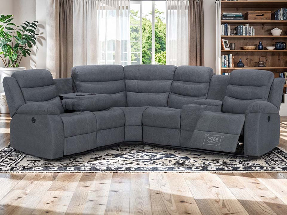 Electric Recliner Corner Sofa in Dark Grey Fabric with Console, Wireless Chargers & Cup Holders - Chelsea