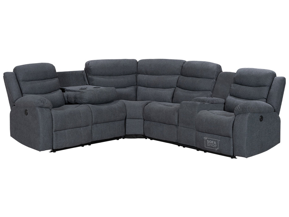 Electric Recliner Corner Sofa and Chair in Dark Grey Fabric with Console, Wireless Chargers & Cup Holders - Chelsea