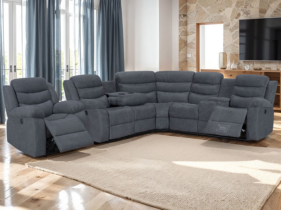 Electric Recliner Corner Sofa and Chair in Dark Grey Fabric with Console, Wireless Chargers & Cup Holders - Chelsea