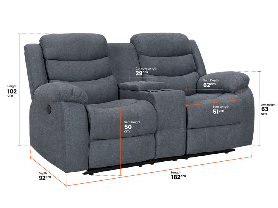 2 Seater Electric Recliner Sofa in Dark Grey Fabric with USB, Console, Cup holders & Storage - Chelsea